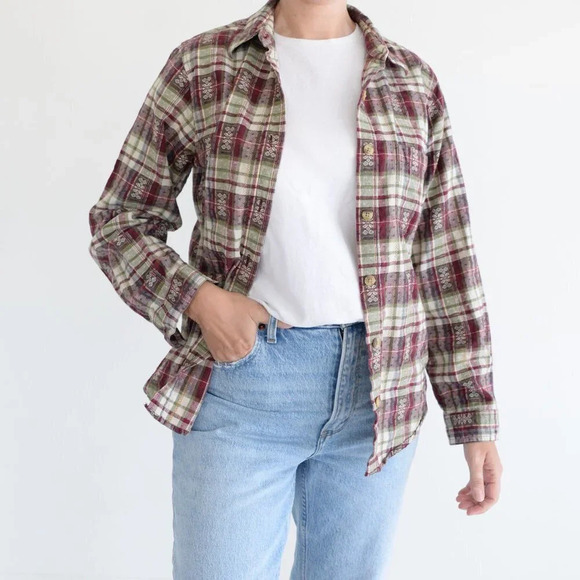 Vintage Classic Elements  Cream and Maroon Checker Button Up Long Sleeve Shirt M - Picture 3 of 13